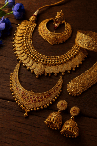 Traditional Indian gold jewelry set displayed on a wooden surface, featuring an ornate necklace with coin pendants, jhumka earrings with red stones, a crescent-shaped necklace, a circular pendant, and two engraved gold bangles. Blue flowers add a vibrant contrast in the corner