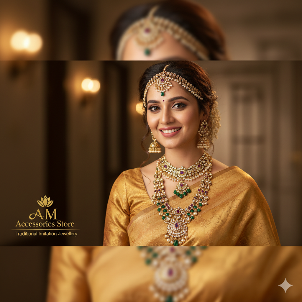 Indian woman in a gold saree wearing traditional imitation jewelry from AM Accessories Store