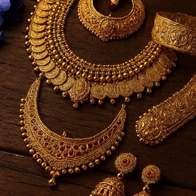 Traditional Indian gold jewelry set displayed on a wooden surface, featuring an ornate necklace with coin pendants, jhumka earrings with red stones, a crescent-shaped necklace, a circular pendant, and two engraved gold bangles. Blue flowers add a vibrant contrast in the corner